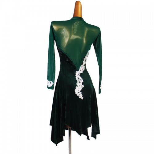 Women dark green velvet embroidered flowers competition latin dance dresses long sleeves stage performance latin rumba chacha dance costumes 